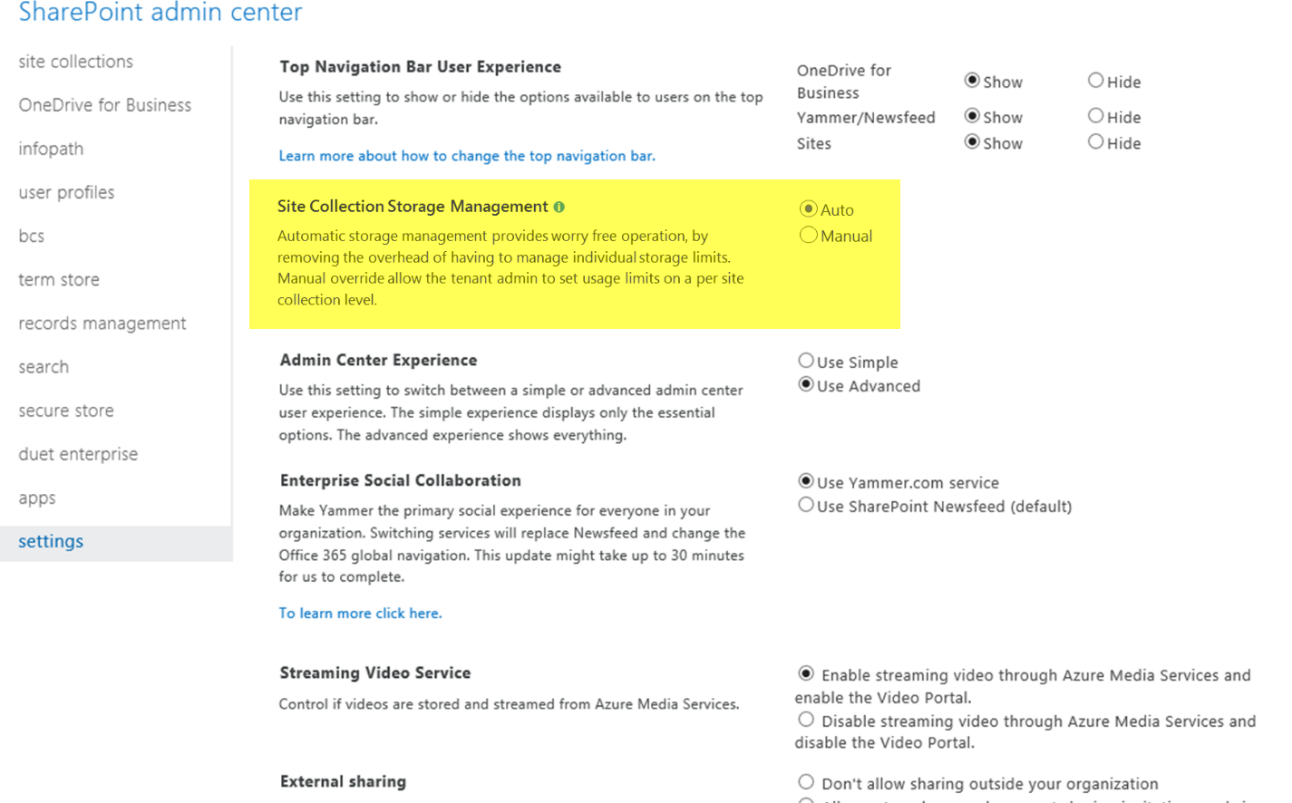 Site Collection Storage Management toggle switch to select Auto or Manual highlighted