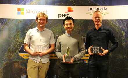 Image of the winners of ModelOff 2017: Michael Jarman, Alvin Woon, and Willem Gerritsen.
