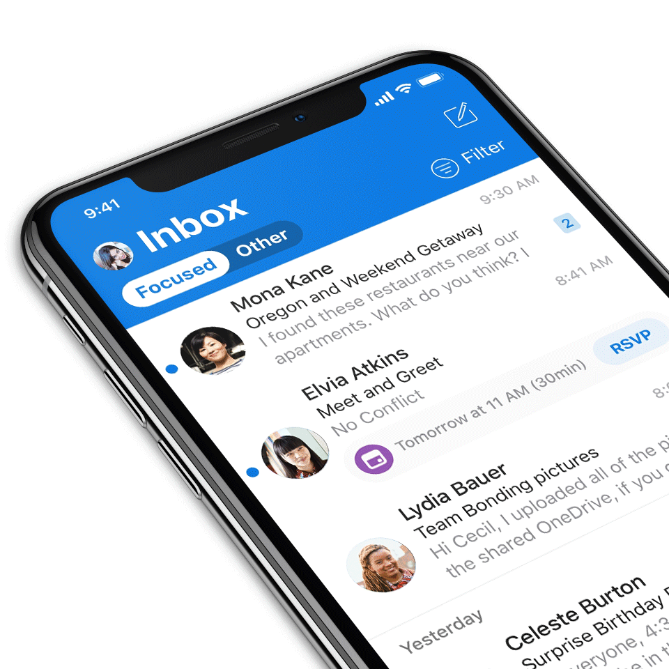 Animated image of a phone switching between Focused Inbox and Other in Outlook mobile.