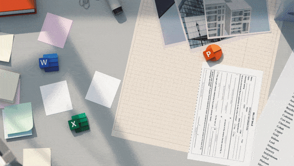 Animated image of Office app icons on a desk, coming together in stop motion photography, finally joining together to create a Home screen in the new Office Mobile App.