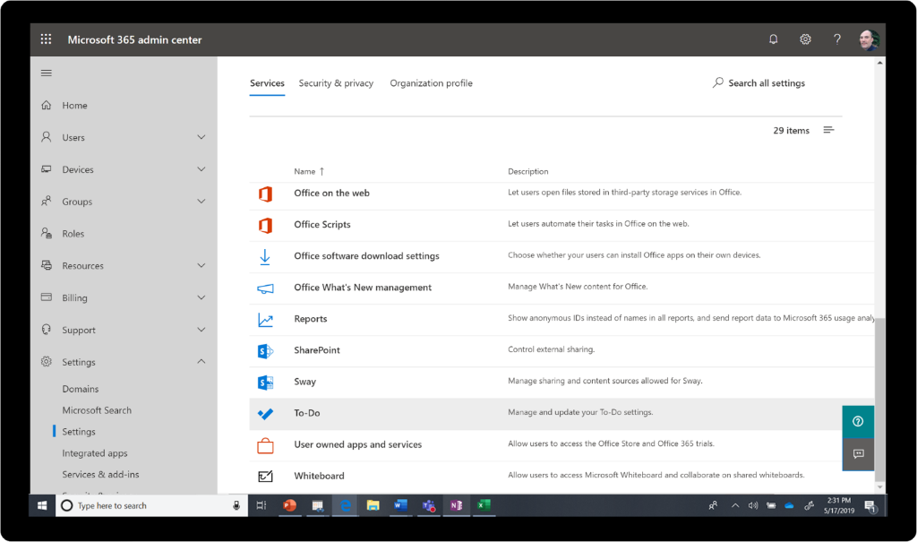 Services in the Microsoft 365 admin center.