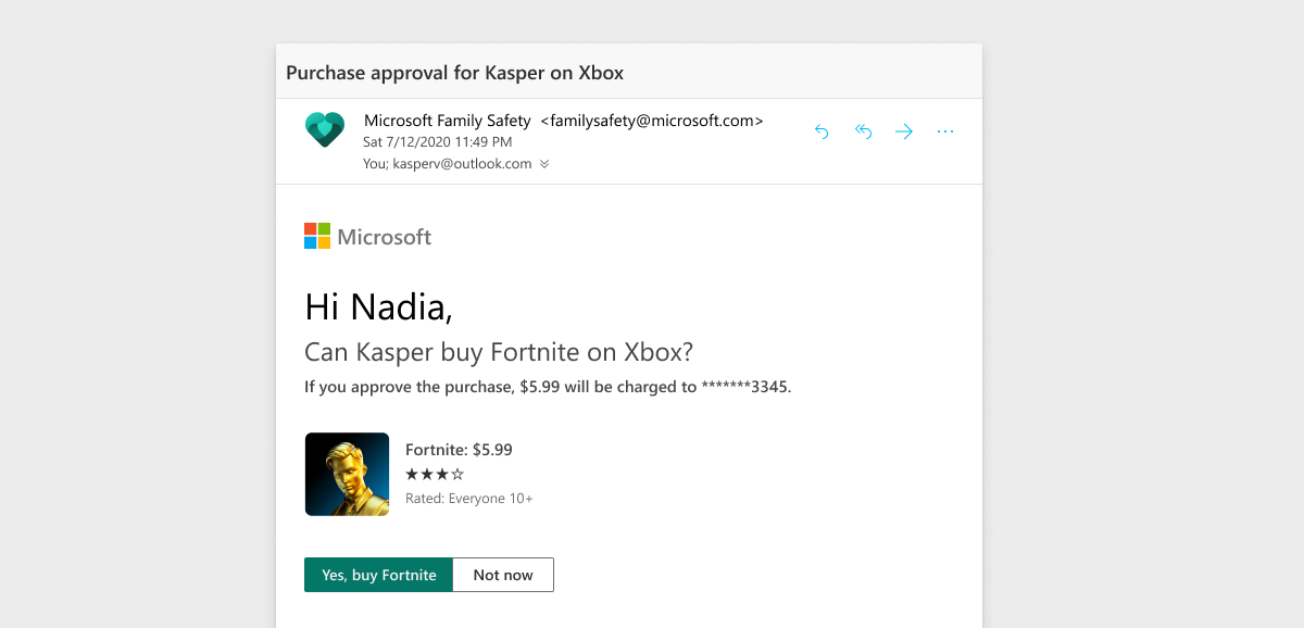 An image of a a purchase notification on Microsoft Family Safety App.