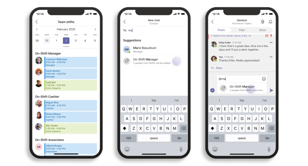 Screen shot of three phones showing two-way dialogue between manager and employee