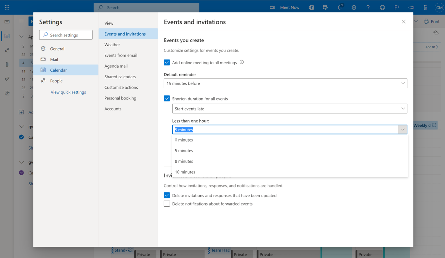 Individuals can change the duration of their events in the Outlook calendar settings.