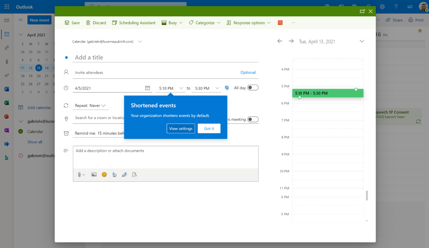 A notification in Outlook on the web lets individuals know their organization shortens events by default.