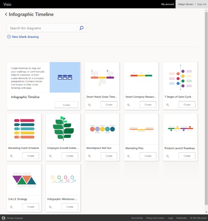Create an infographic timeline from one of the available sample diagrams in Visio for the web.