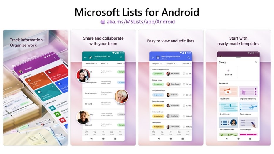 Microsoft Lists now available in Android devices with features that include ability to track information, organize work, share and collaborate, view and edits lists, and utilize ready-made templates.