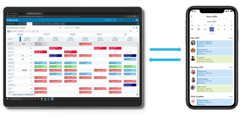 Tablet device next to a mobile device, both showing workers' shift schedule in a horizontal and vertical layout.