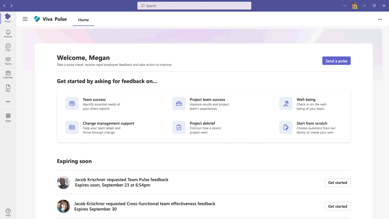 Select a template from Teams based on a topic of interest and customize questions if you would like. Then, just add people, and hit "Send request!" Viva Pulse makes it easy to ask effective questions with templates and a question library designed to drive team success.