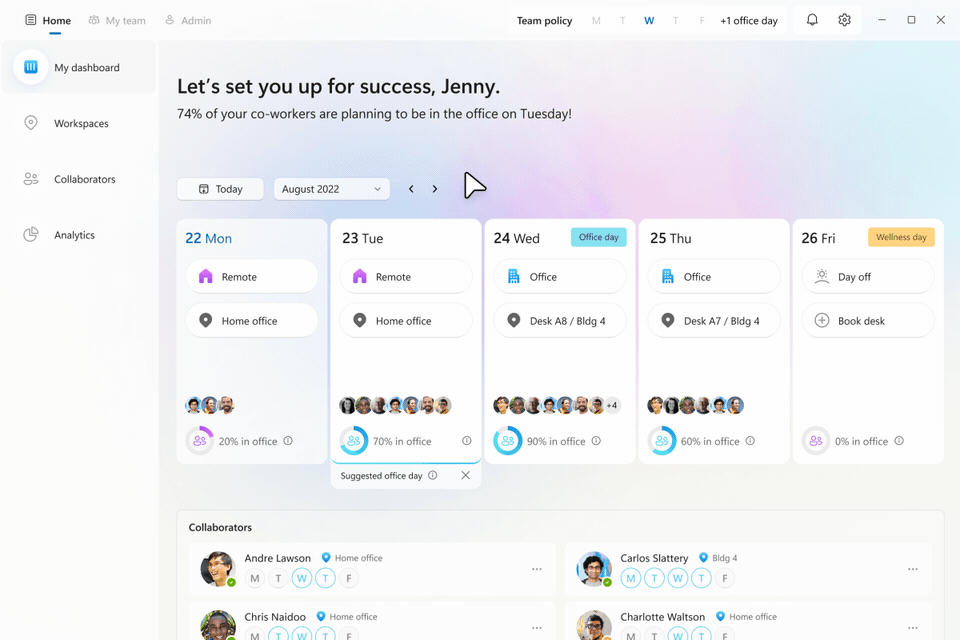 Weekly view of colleagues planned locations.