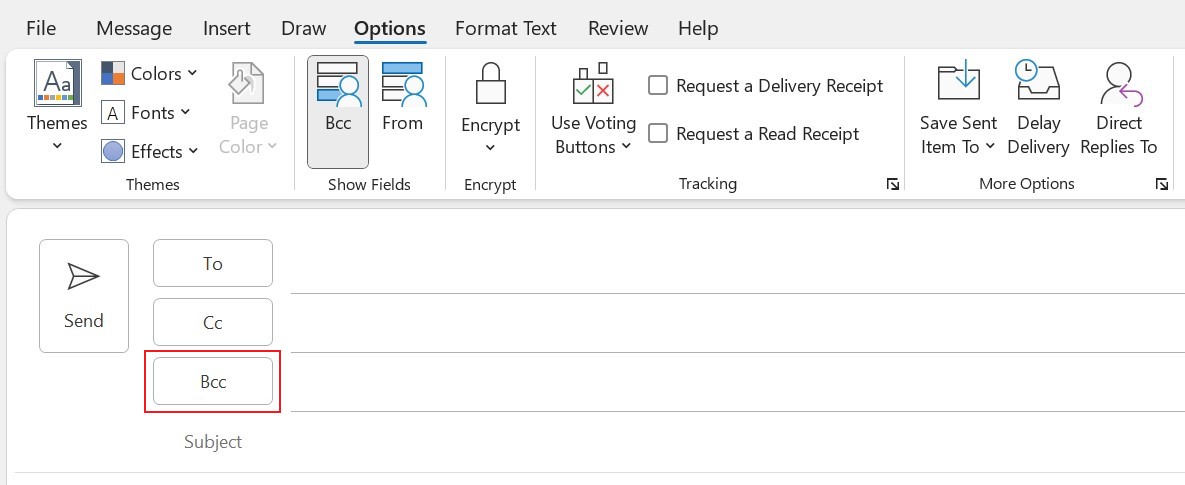 New email message in Outlook with red box around Bcc line. Bcc line appears below To and Cc.