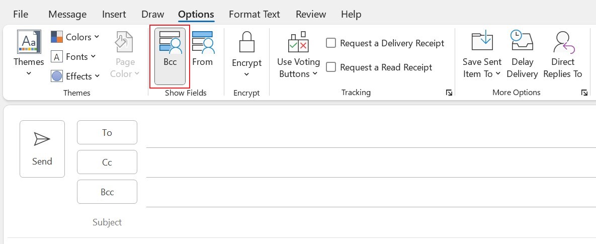 How to select Bcc in Microsoft Outlook when starting a new email.