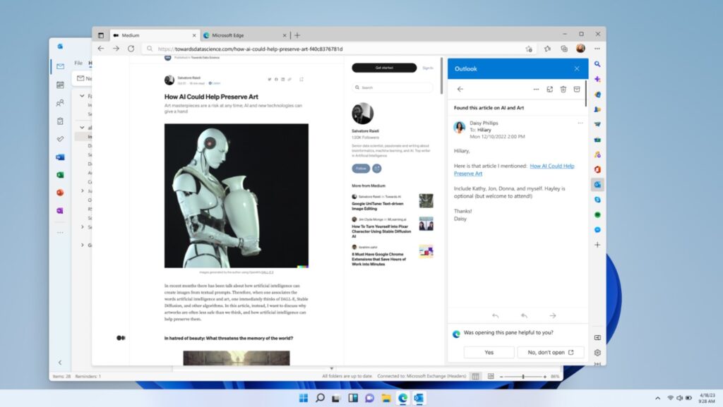 Article about AI cloud in Edge browser, next to the Outlook email it originated from displayed side-by-side using sidebar in Edge.