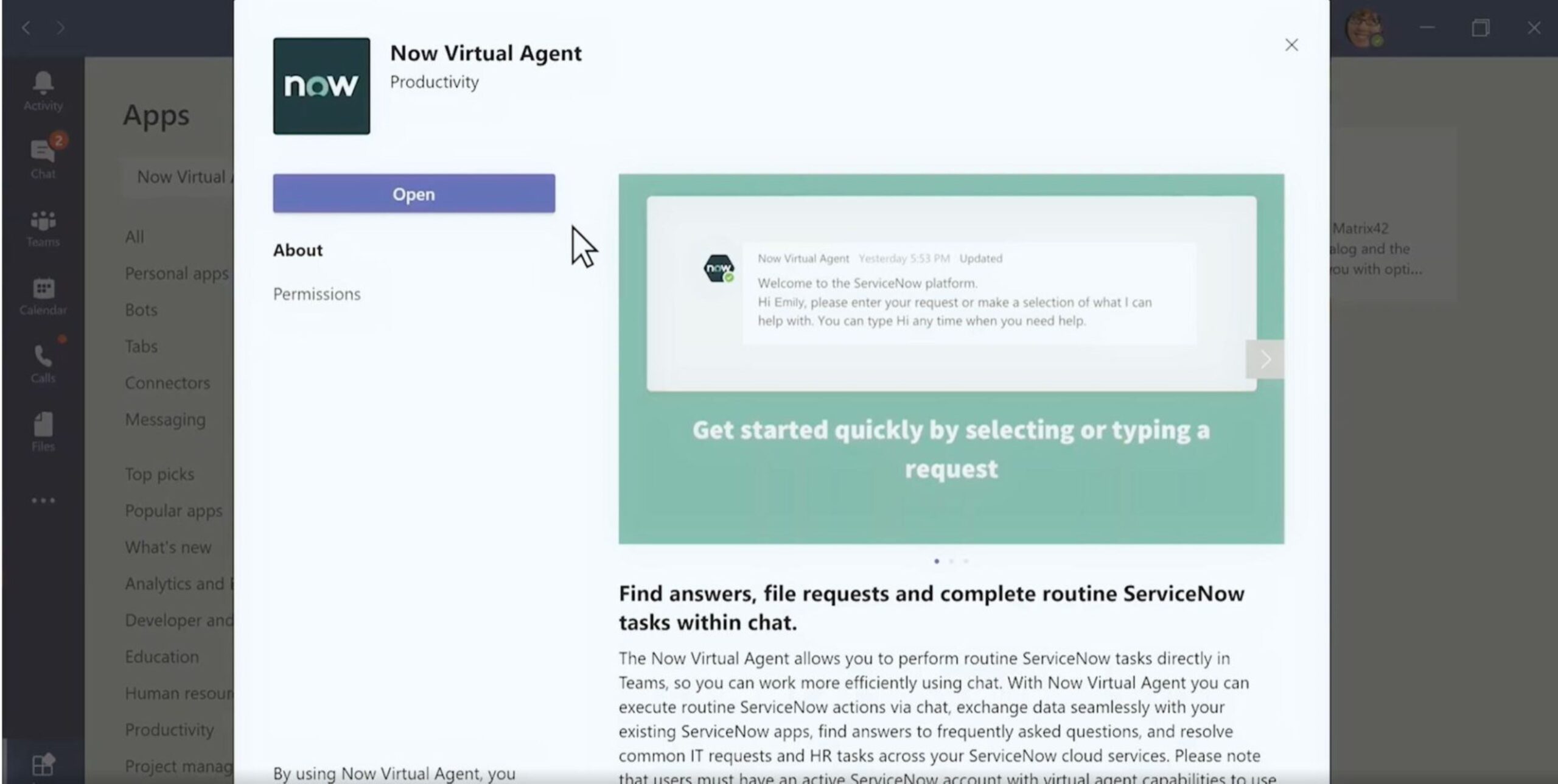 A screenshot of Now Virtual Agent in Microsoft Teams.