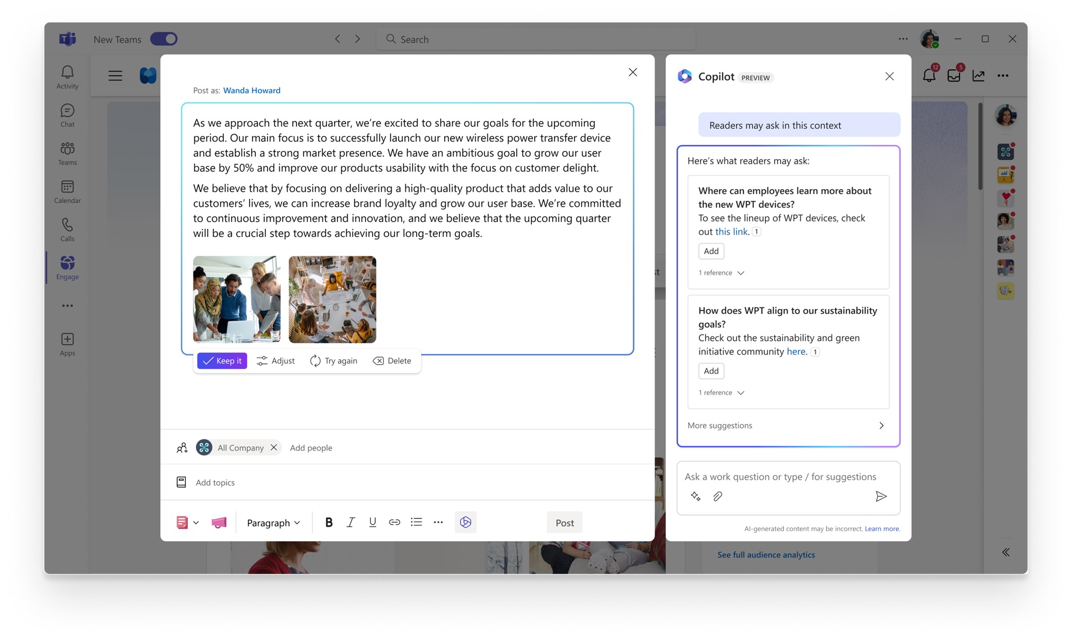 Screenshot of Viva Engage interface in Microsoft Teams with AI suggestions for employee comms.