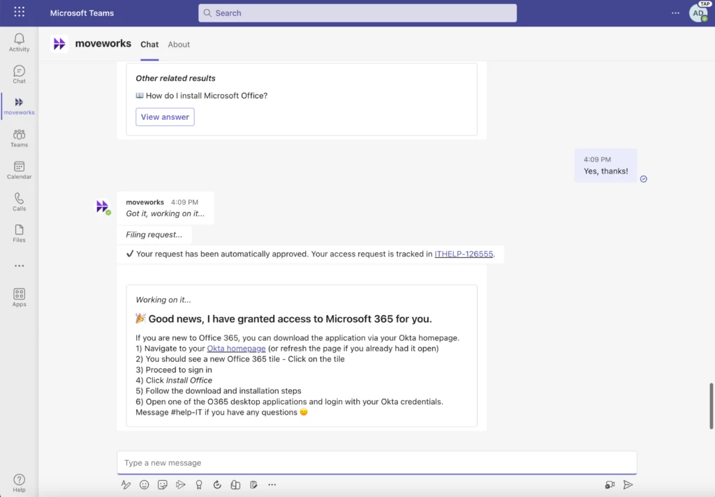 A screenshot of Moveworks on Teams, showing a chat with the bot about getting access to Microsoft 365