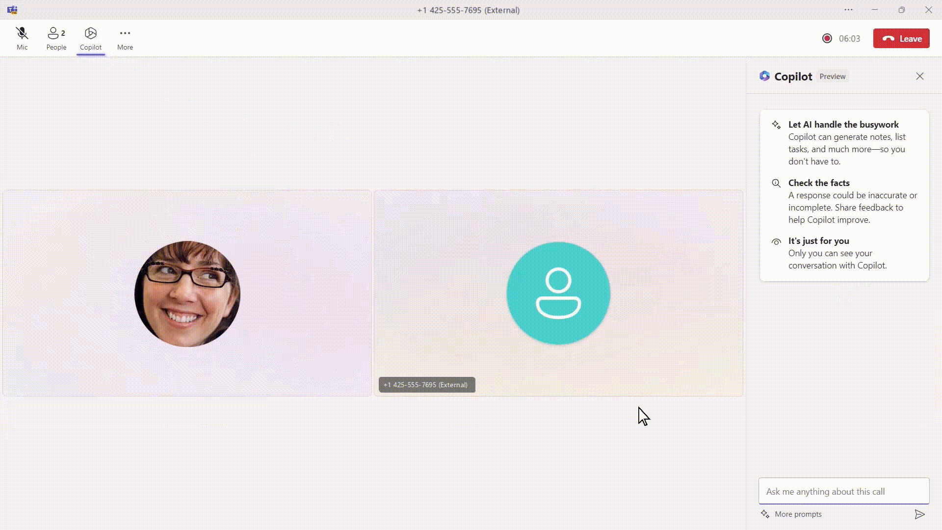 A GIF demonstrating Copilot in Teams Phone