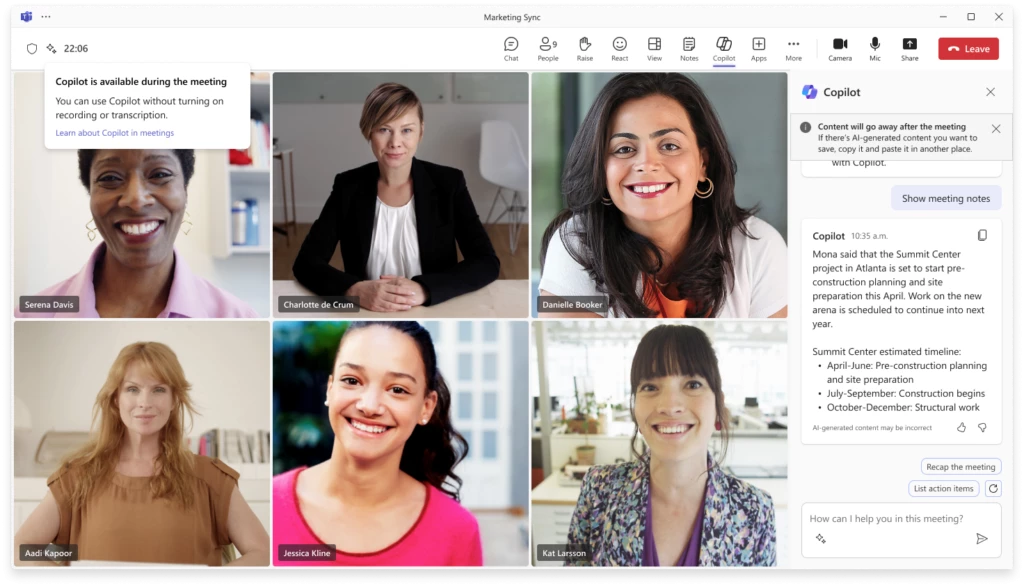 Interface of a virtual meeting showing four attendees, with a notification about Copilot availability without recording or transcription.
