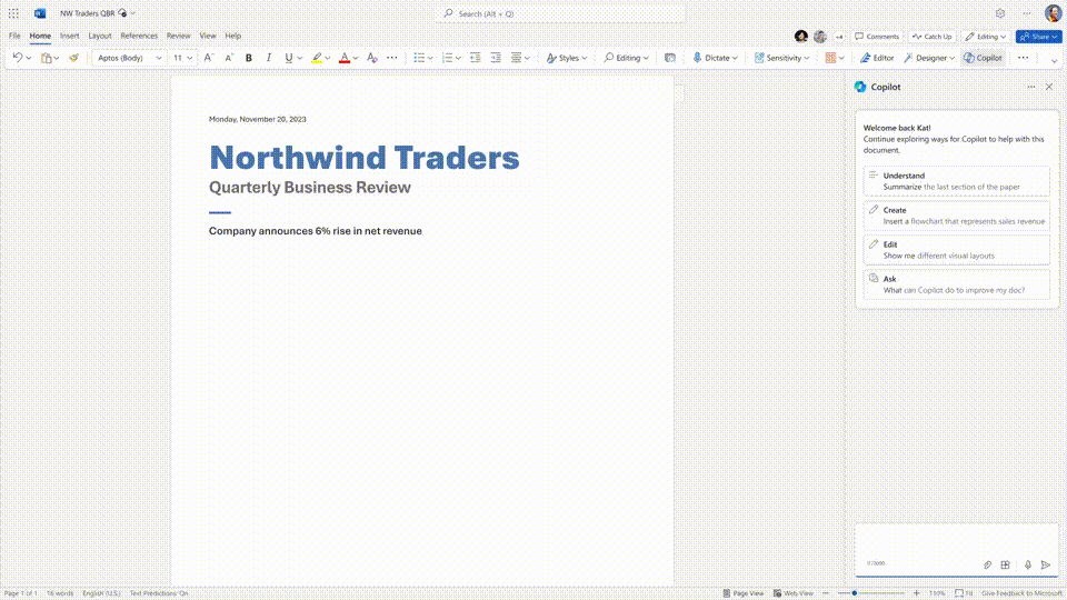 Copilot in Word in action - showing creation Copilot profile and summaries of business data.