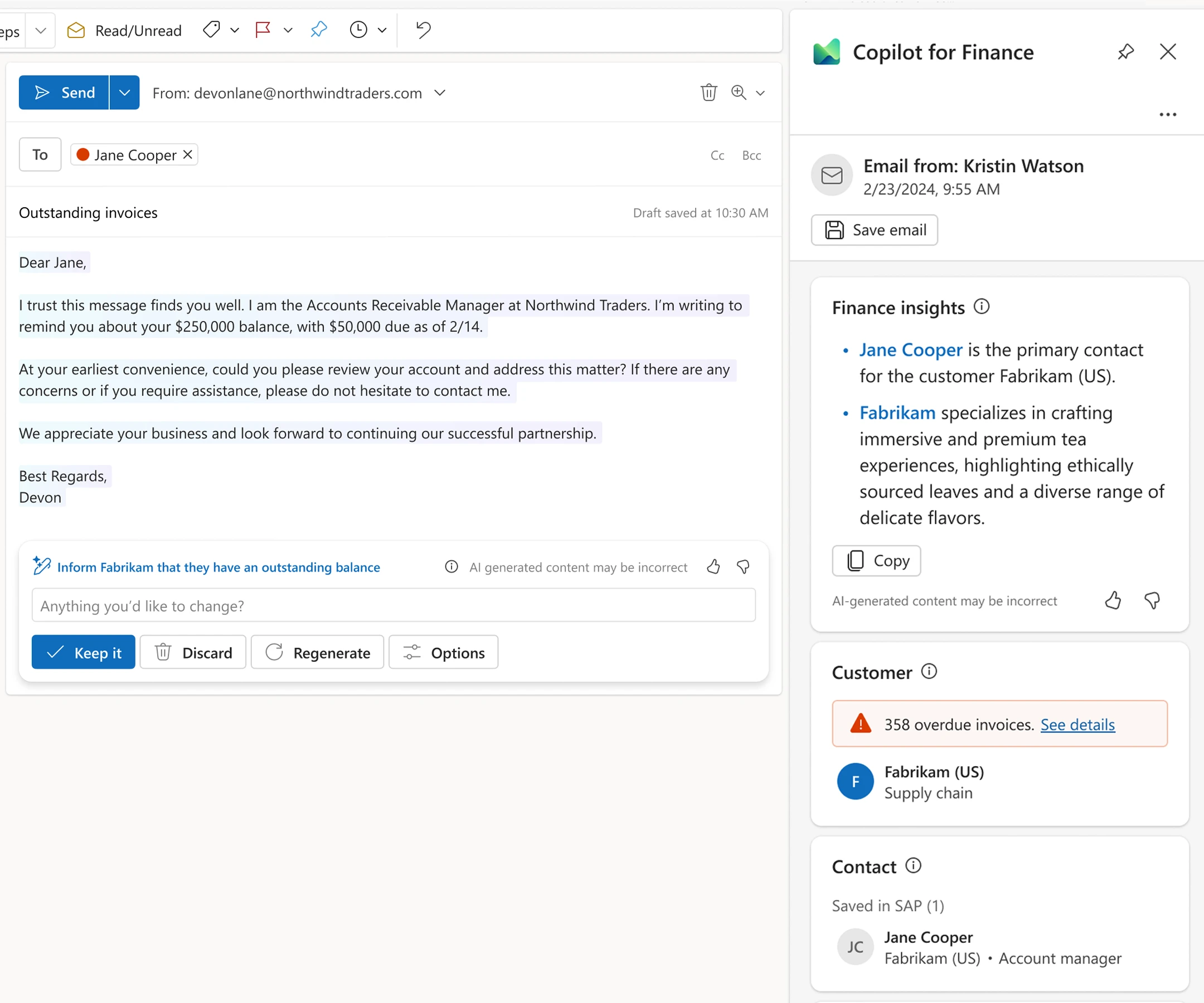 Copilot for Finance Outlook draft