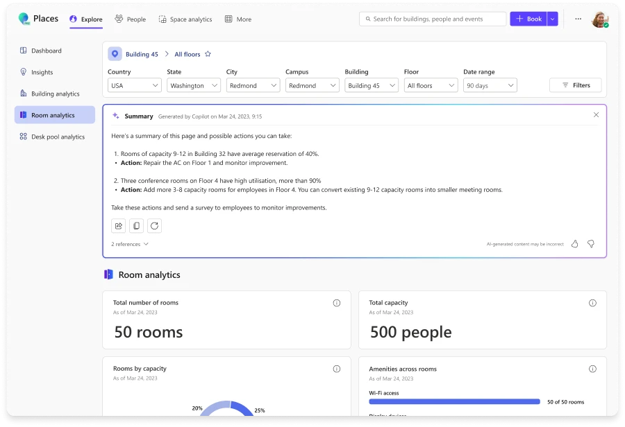 Places app showing a Copilot summary of Room analytics. Summary includes actions to take based on room data. 