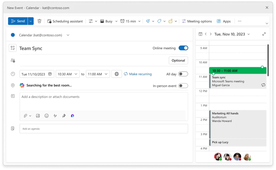 A new meeting invite opened in Outlook with Copilot managed booking searching for available rooms.