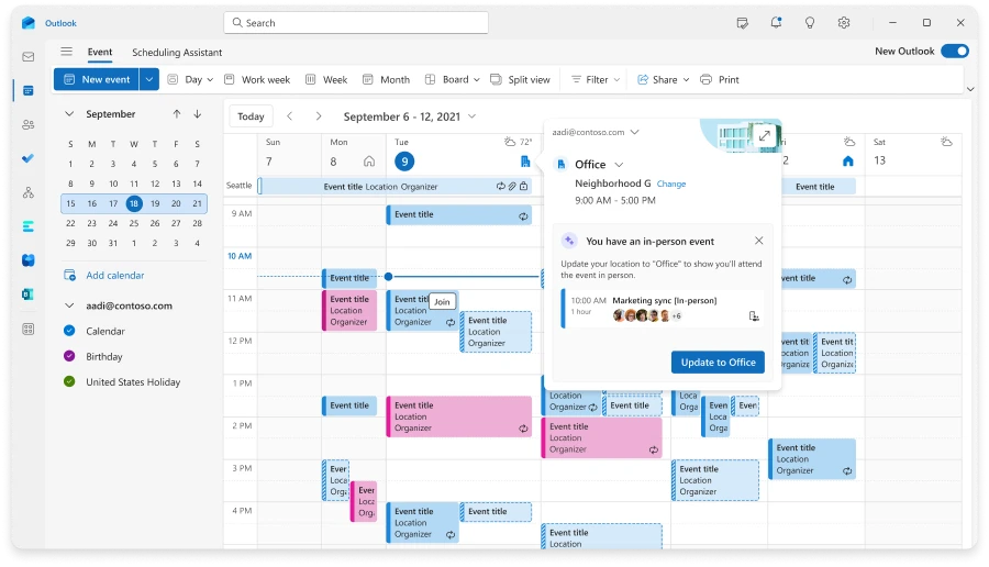 An Outlook Calendar by week with a peek card that shows coworkers in the office, an in-person event, and allows the user to book space.