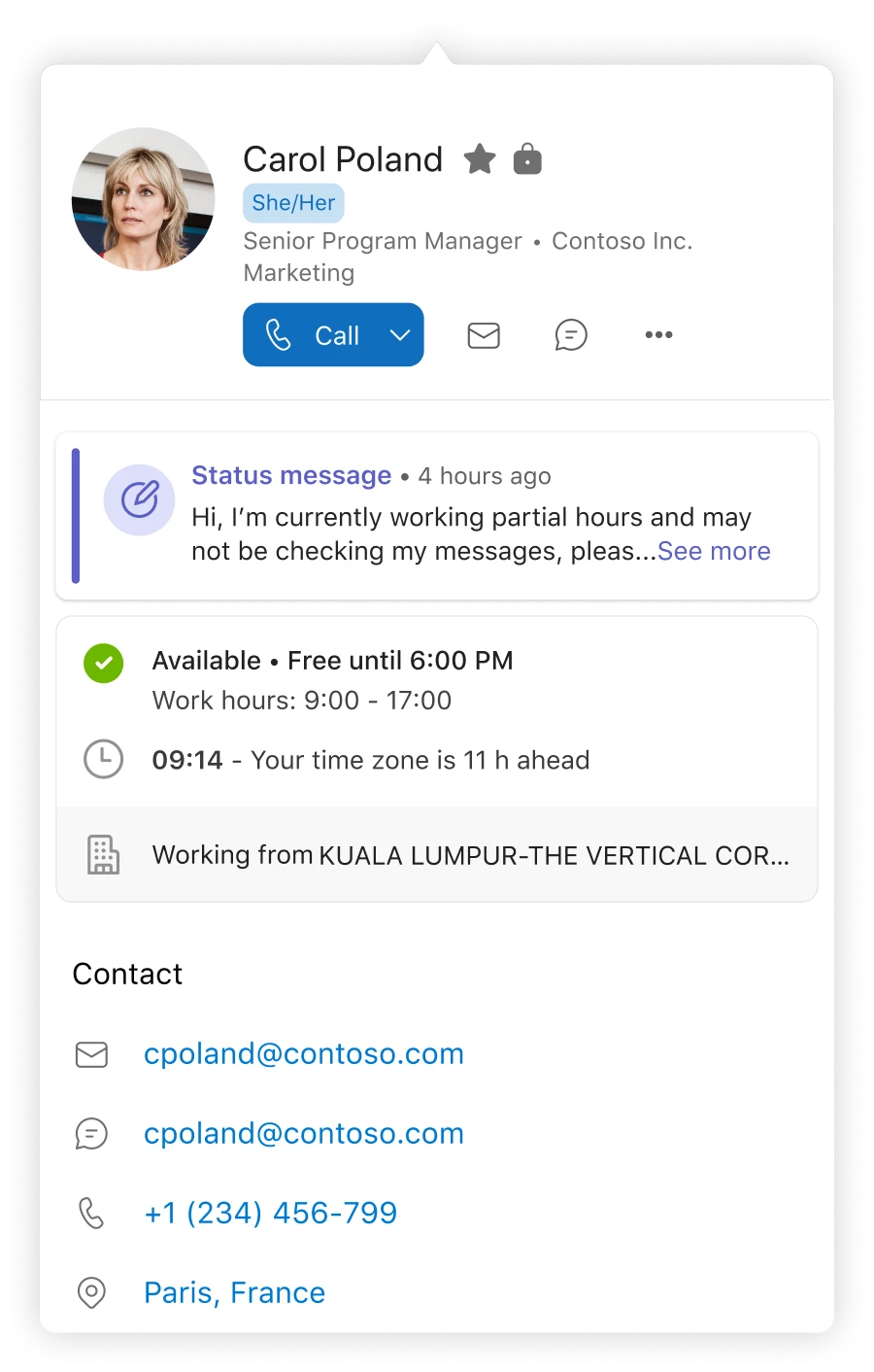 A contact card open on the left with work location now included. 