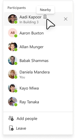 A list of chat participants on the right with location presence visible by rolling over participants in list