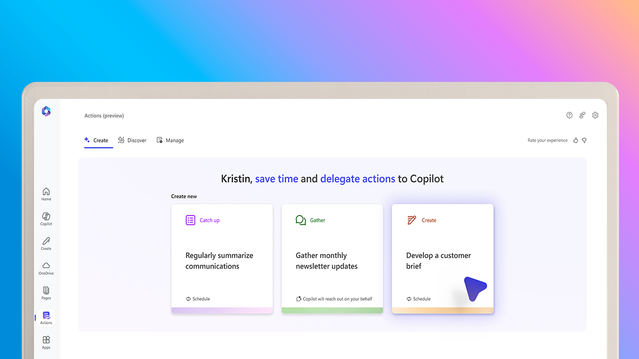 A monitor mockup showing a screenshot of the Create tab within Copilot Actions, set against a gradient purple and blue background.