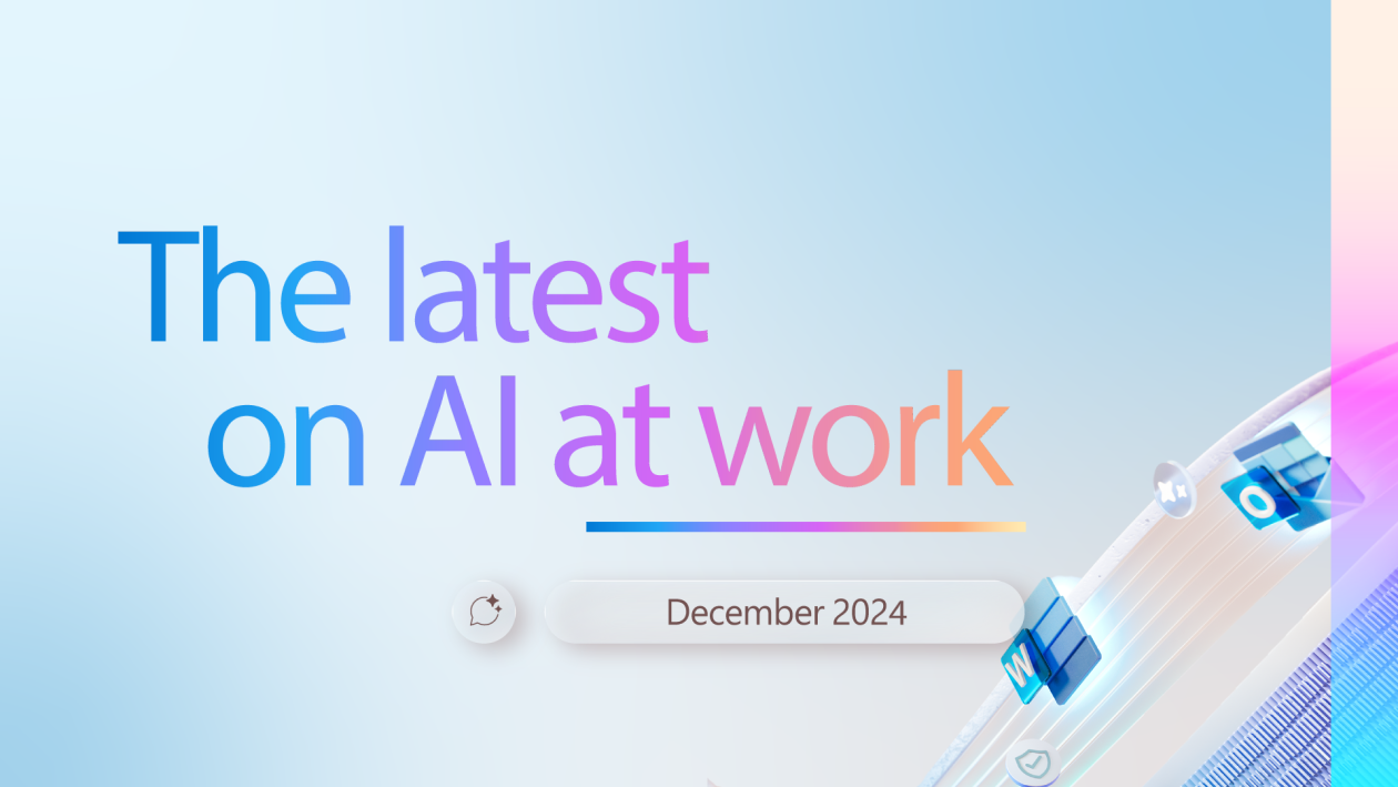 A graphic image with the following text: The latest on AI at work, December 2024. The image incorporates a ribbon design with Microsoft 365 app icons.