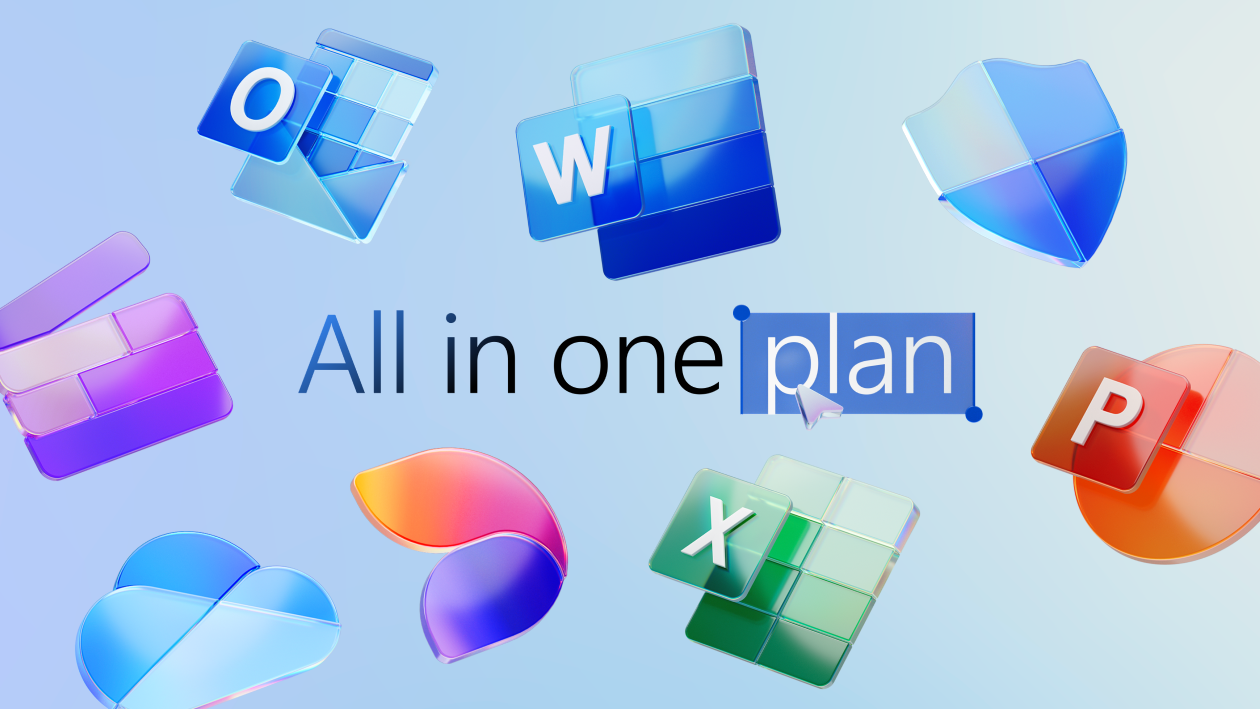 Microsoft 365 product icons floating against a light blue background, with the words "All in one plan" in the center.