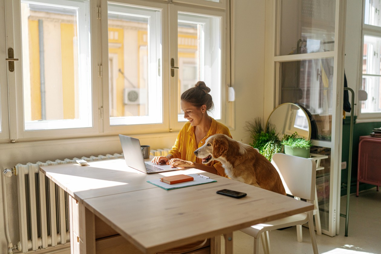 A woman working from her home office. She is using a laptop and her pet dog is sitting a chair next to her.