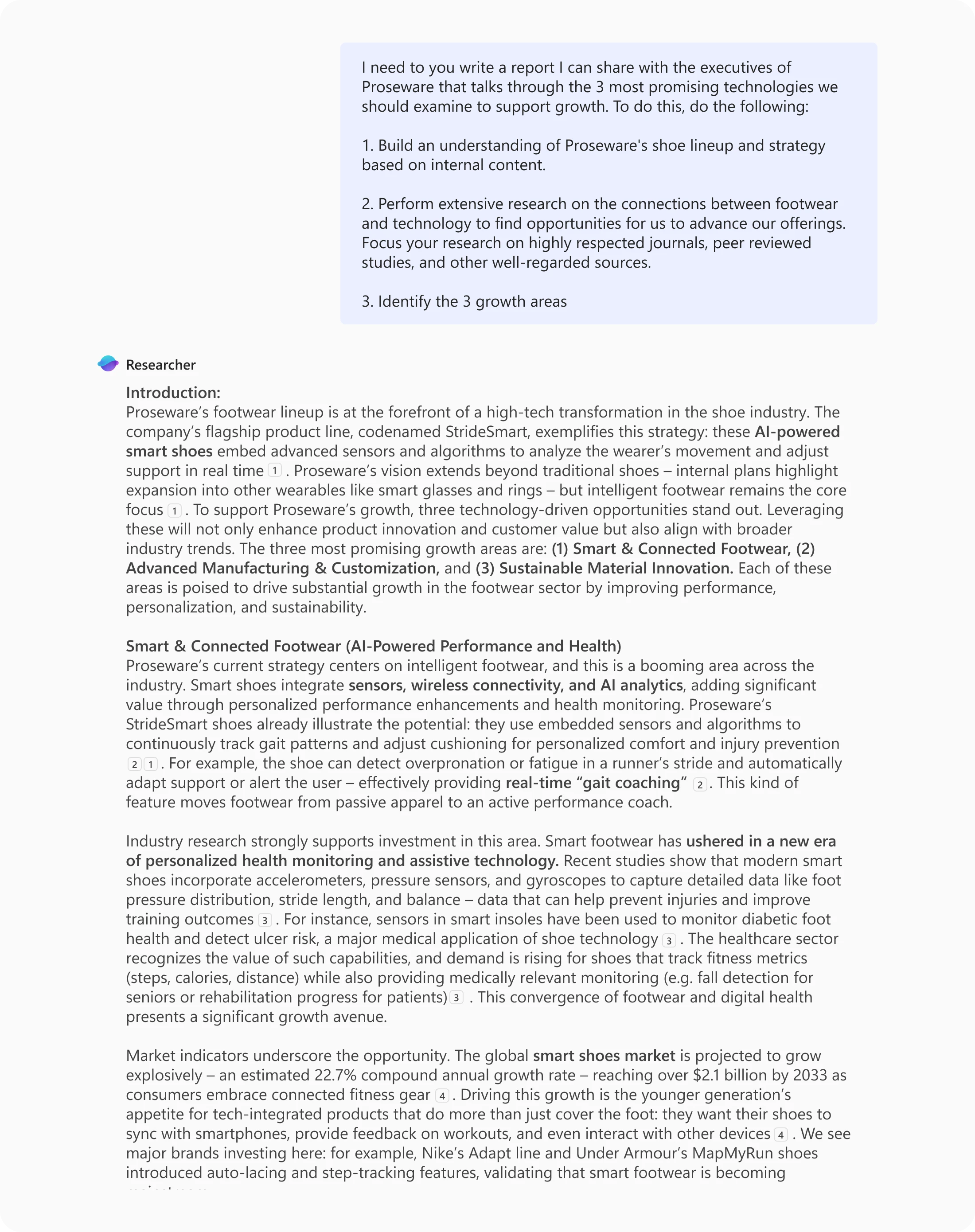 Analyst agent prompt that says: "I need you to write a report I can share with the executives of Proseware that talks through the 3 most promising technologies we should examine to support growth." It then provides three further detailed prompts for doing so.