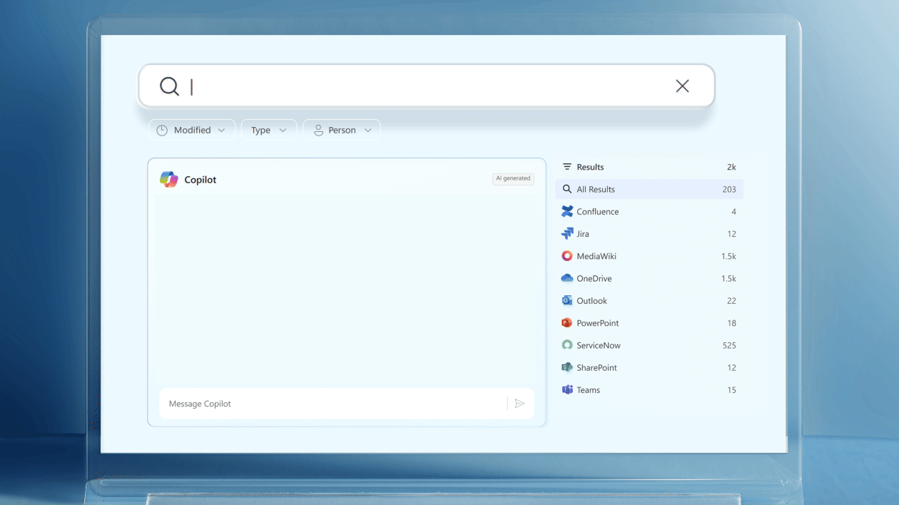 An animated Microsoft 365 Copilot UI screen mocked up in a laptop. The screen displays the following prompt with results: What are the latest design tasks for Microsoft 365 Copilot?
