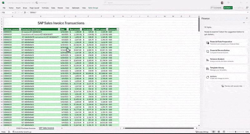 inance solution showing a financial workflow in Excel, with variance analysis and data preparation tools within a Finance pane. The interface supports financial reconciliation tasks, with the cursor interacting across spreadsheet cells and tool options.