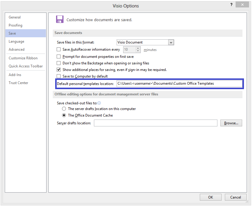Visio start custom personal templates dialog