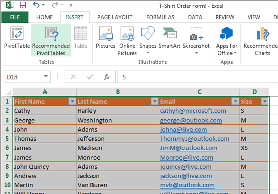 Creating a PivotTable