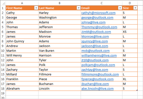 Aggregated list of names, emails, and sizes