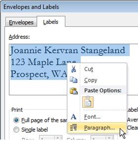 Paragraph command for changing business card text position
