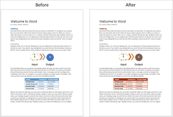Before and after a theme color change Screenshot of a document before and after a theme color change