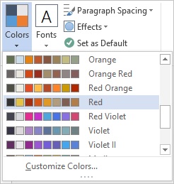 Theme colors drop down Screenshot of the Theme colors drop down on the Design tab