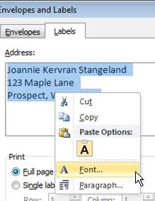 Font command for changing business card fonts