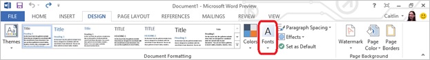 Theme fonts button Screenshot of the Design tab with the Fonts button highlighted