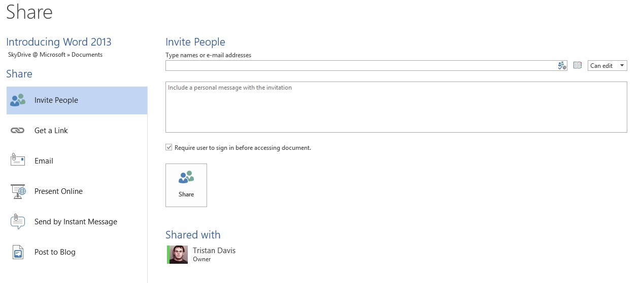 Screenshot of the Share place in the Backstage