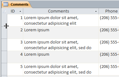 An Access datasheet showing manually-sized rows