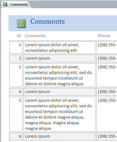 An Access report showing automatically-sized text boxes