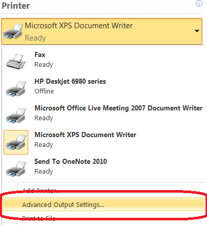 Printer settings dialog box